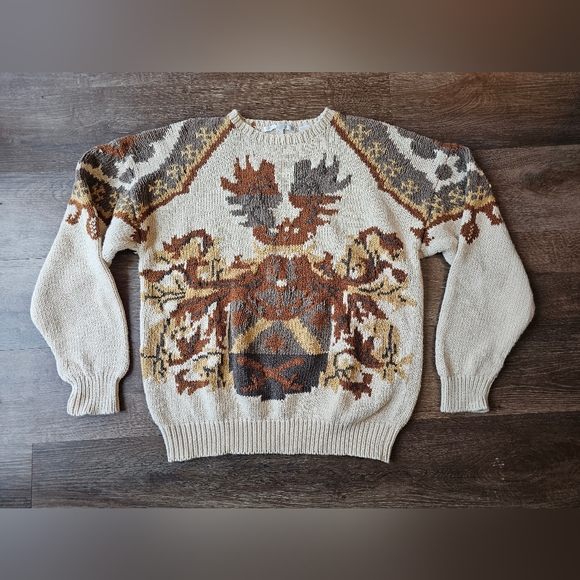Rare Vintage Perry Ellis Coat of Arms Crest & Shield Thick Knitted Mens Sweater